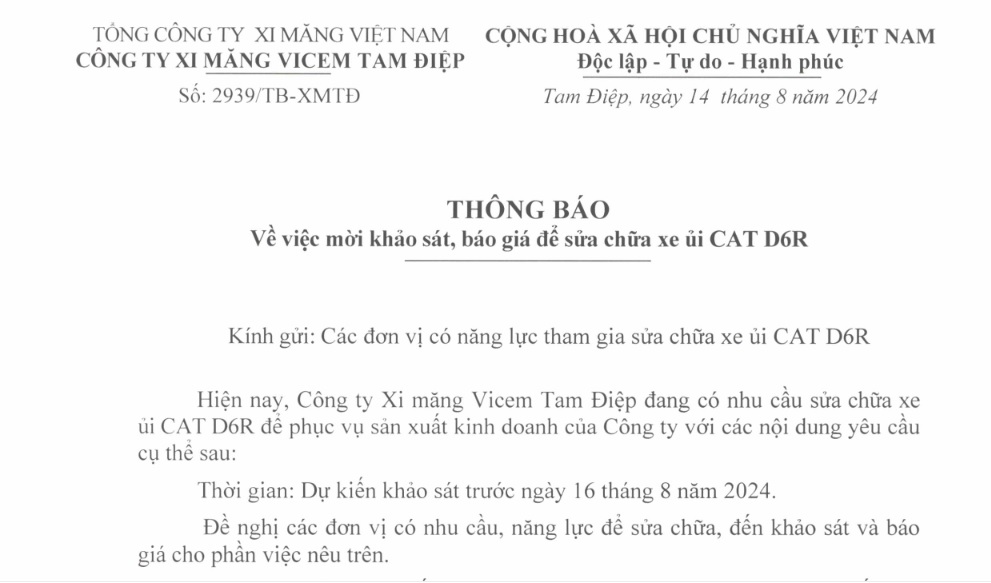 Thông báo về việc mời  khảo sát, báo giá để sửa chữa xe ủi CAT D6R