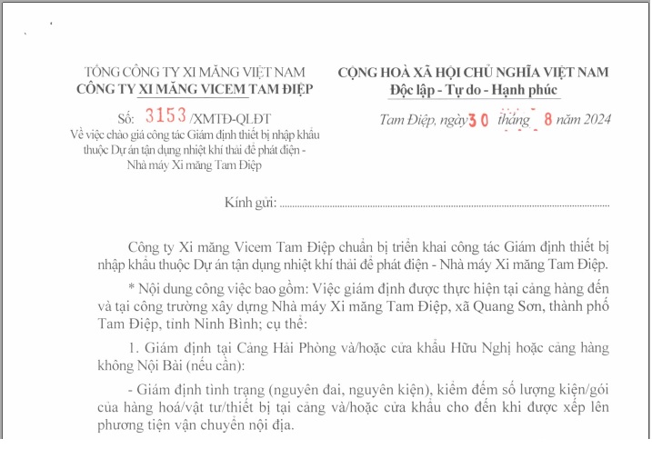 TB về  việc chào giá công tác Giám định thiết bị nhập khâu thuộc Dự án tận dụng nhiệt khí thải để phát điện - Nhà máy Xi măng Tam Điệp