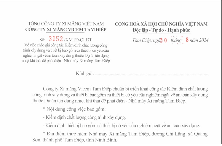 TB Chào giá công tác kiểm định chất lượng công trình xây dựng và thiết bị bao gồm cả thiết bị có yêu cầu nghiêm ngặt về an toàn xây dựng thuộc Dự án tận dụng nhiệt khí thải để phát điện - Nhà máy xi măng Tam Điệp